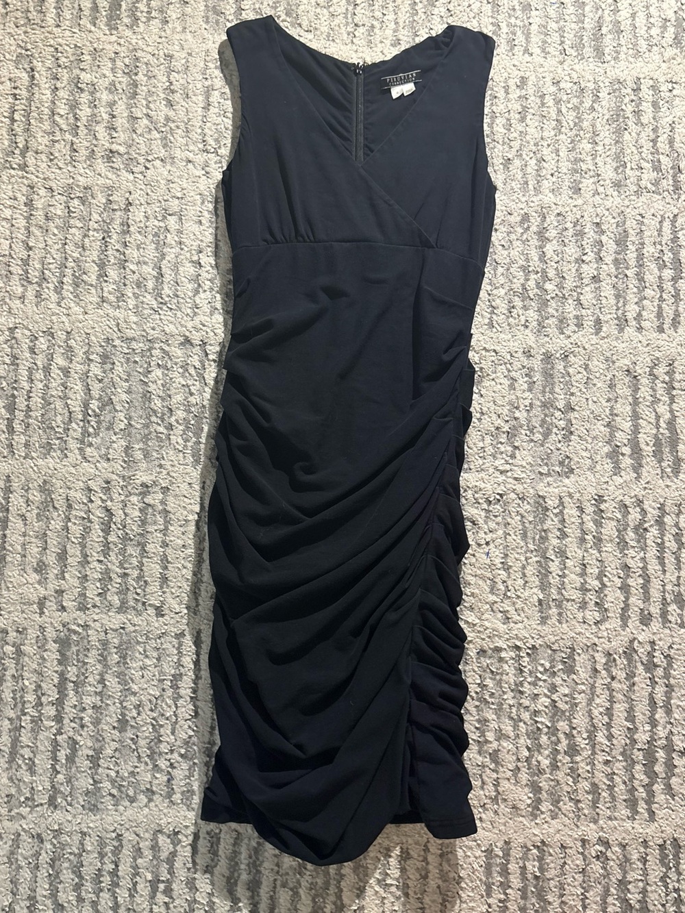 Peruvian connection black ruched sexy bodycon v neck dress size S